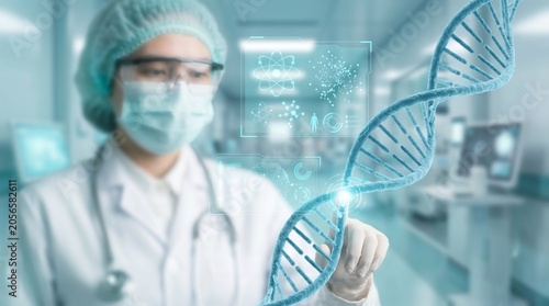 Photos Futuristic medical researcher analyzing DNA helix with digital interface in clea