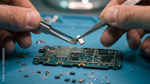 Technician using tweezers to repair a mobile phone circuit board
