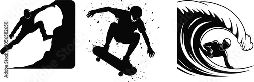 Photography Extreme Sports Silhouettes Vector Set featuring black icons of rock climbing, skateboarding jump with paint splatters, and surfing huge ocean wave barrel isolated