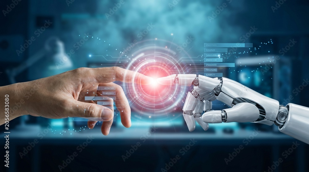 Fototapeta premium Human hand touching robotic AI hand with glowing digital interface, future technology innovation concept