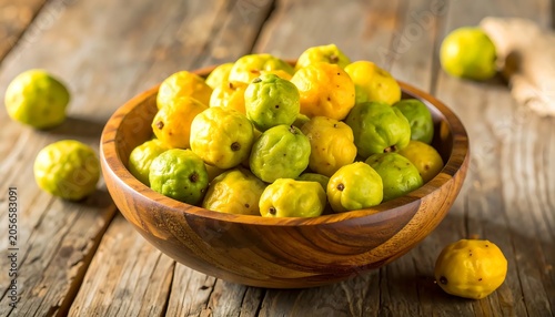 Fresh Yellow and Green Tropical Fruit Arranged in Wooden Bowl on Rustic Table