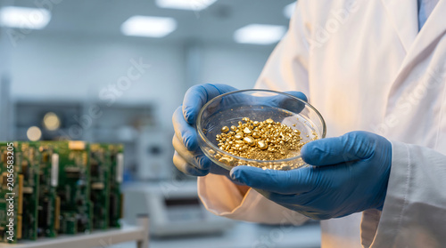 Scientist holding petri dish with gold nuggets in electronics lab