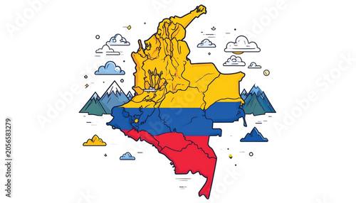 Colombia map with colorful illustration.