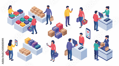 Obraz na płótnie People shopping in a modern retail store with isometric illustrations