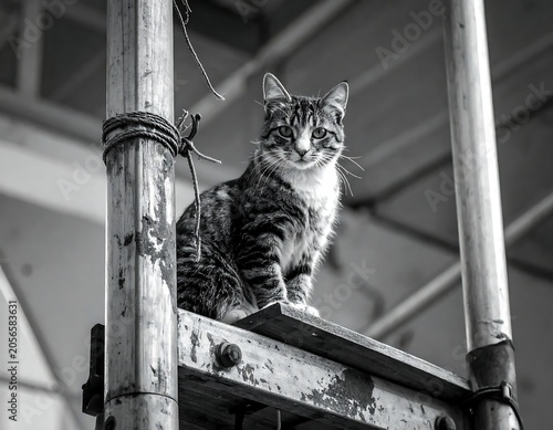 Alert Striped Cat Sitting on Weathered Metal Scaffold in Industrial Setting