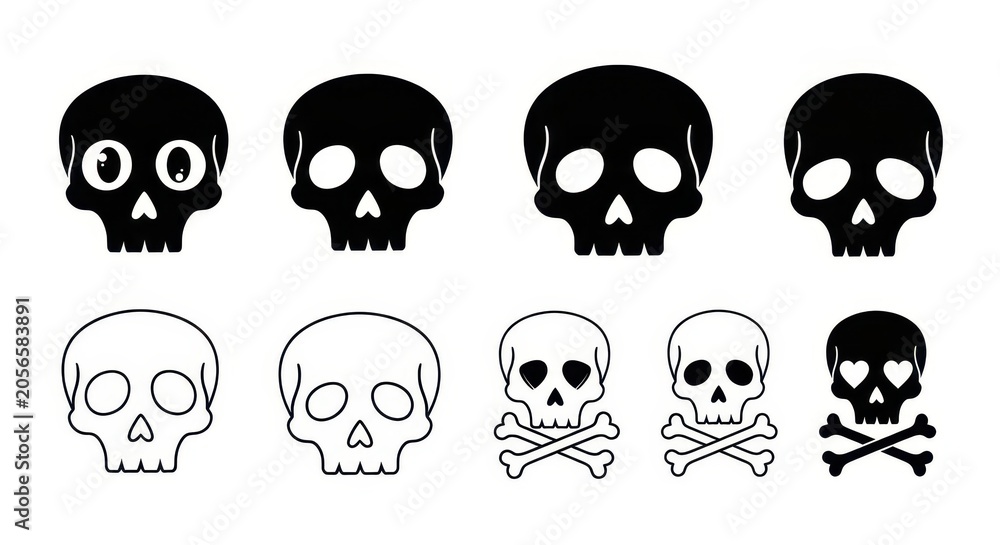 Obraz premium Set of Minimalist Skull Icons and Crossbones Symbols in Various Styles for Graphic Design and Halloween Projects