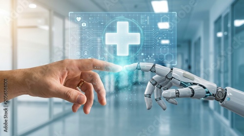 Obraz na płótnie Human hand touching robotic finger in futuristic hospital with holographic medic