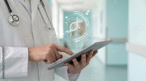 Obraz na płótnie Doctor using digital tablet with futuristic DNA interface for healthcare technol