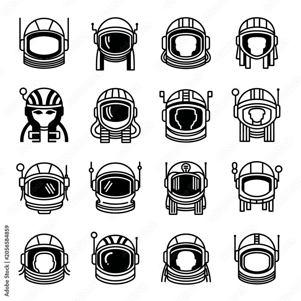 Fototapeta premium Astronaut Helmet Icons - Collection of Space Explorer Headgear Designs