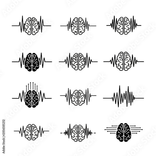 Brain Wave Icon Set: Neuroscience, Psychology, Medical Technology, EEG Concepts