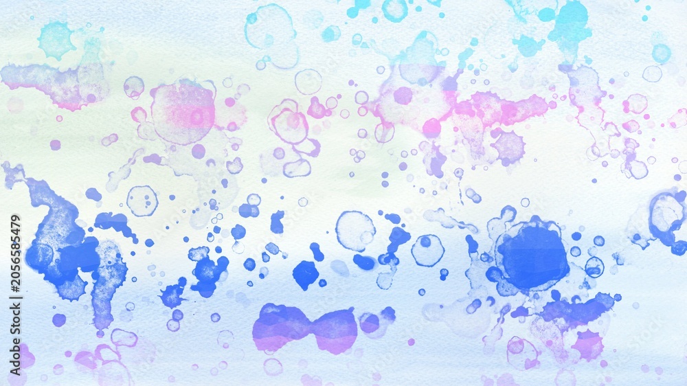 Fototapeta premium Abstract Pastel Blue and Purple Watercolor Splatter Background with Soft Ink Drops and Artistic Gradient Stains on White Canvas Paper