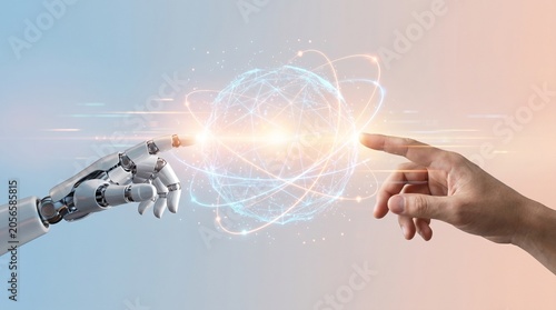 Robot and human hands touching glowing digital network sphere, AI collaboration and future technology concept