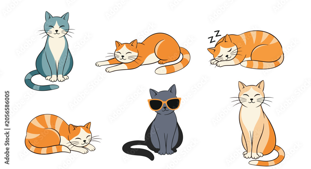 Fototapeta premium Collection of cute cartoon cats in various poses including stretching, sleeping, sitting calmly, and wearing cool orange sunglasses.
