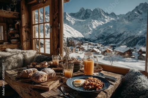 Rustic breakfast with stunning snowy mountain view