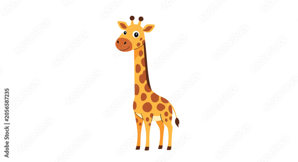Obraz premium Cute cartoon giraffe with spots and friendly expression standing happily against a plain white background.