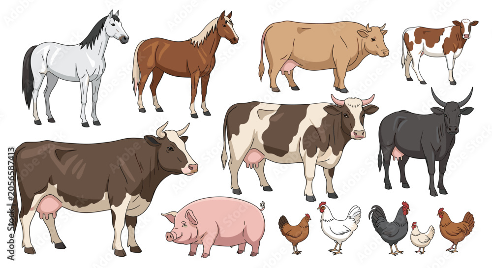 Obraz premium Farm animals illustration set featuring white and brown horses, dairy cows, a pink pig, and several chickens.