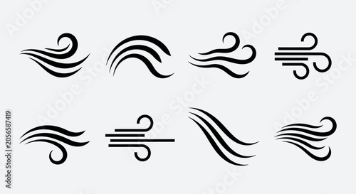Set of abstract wind and air flow icons in a simple flat design.