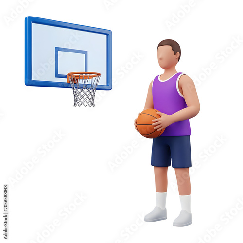 3D basketball player holding ball near hoop
