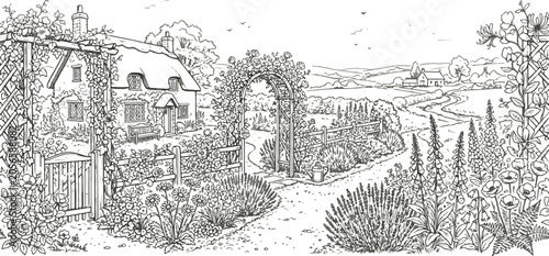 Beautiful rustic countryside house with blooming flower beds, wooden gate and scenic valley view, black and white coloring page for adults