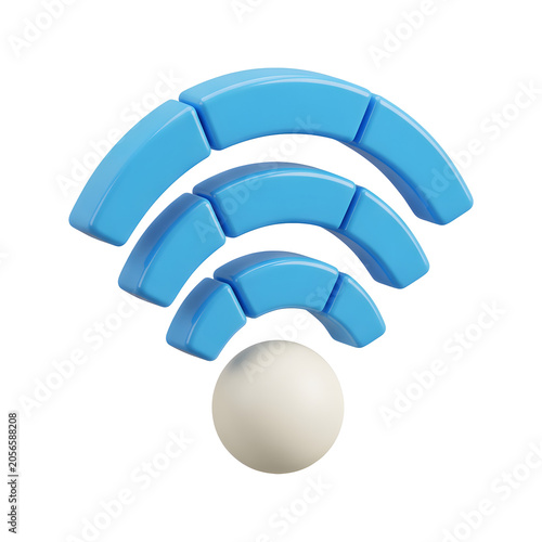 3D blue wifi symbol with white sphere on gray background