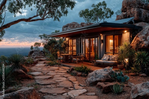 Modern luxury cabin overlooking desert landscape at sunset