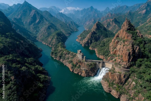 Majestic dam and emerald river through mountain valleys