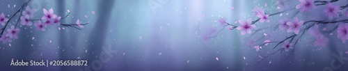 colorful nature background with cherry blossoms and forest blur