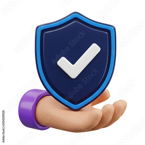 3D Cartoon Shield with Checkmark in Hand