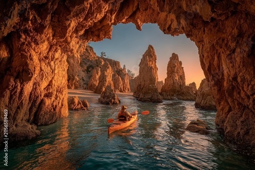 Golden hour canoe through natural rock archway