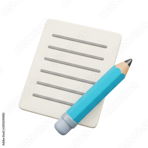 3D icon of a blue pencil and a sheet of paper