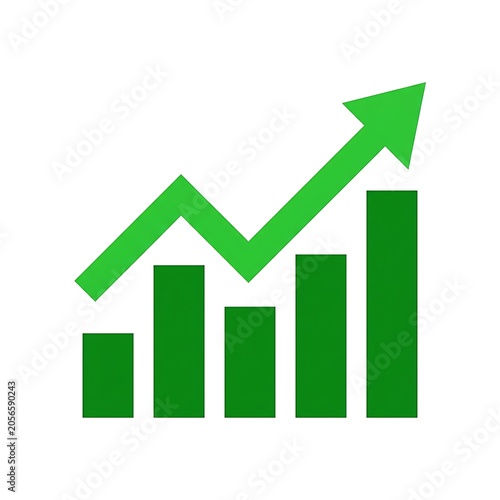 Green bar chart with an upward trend arrow on white background