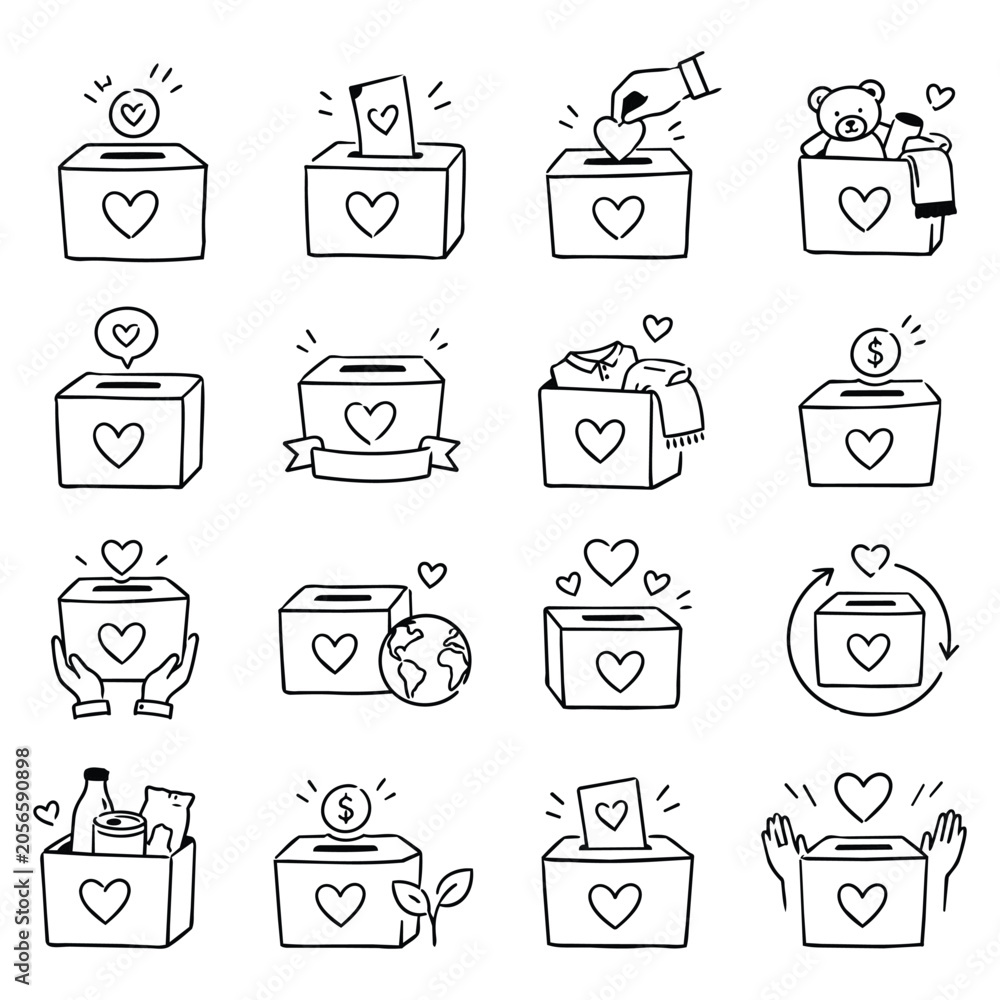 Obraz premium Heartfelt Donations Doodle Collection. Hand drawn symbols illustrating diverse acts of contribution. Featuring monetary aid, material goods, and global support, representing generosity.