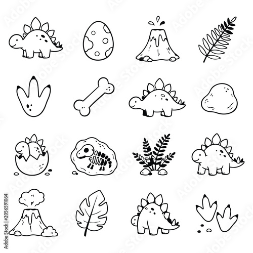 Cute Dinosaur World Outline Collection. This delightful illustration captures childhood wonder. Discover playful prehistoric adventure with friendly dinosaurs, eggs, tracks, bones, and jungle flora.