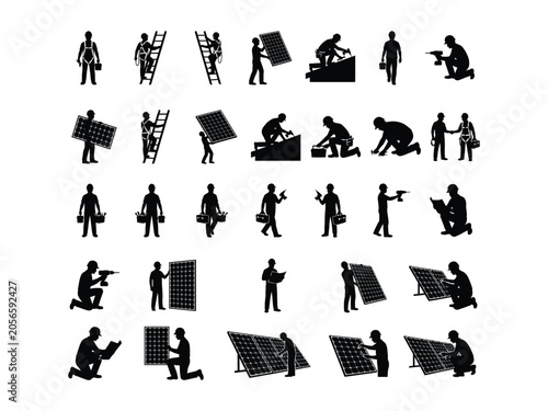 Illustrations of workers installing and handling solar panels step by step