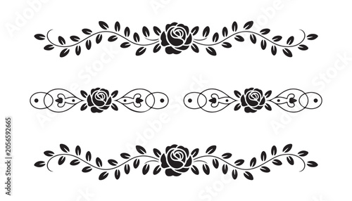Elegant rose vine decorative borders and dividers for graphic design and invitations.