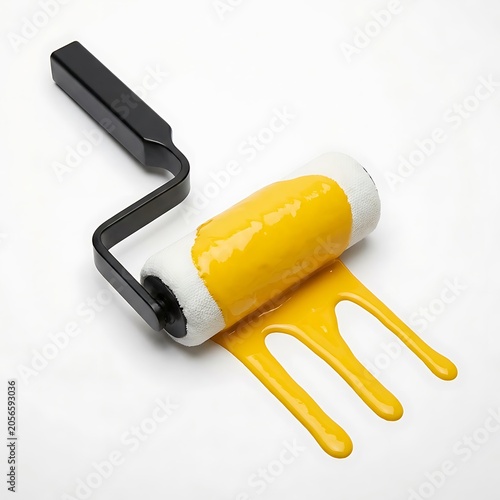 Paint roller with yellow paint dripping on white background