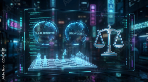 Futuristic digital interface with global jurisdiction
