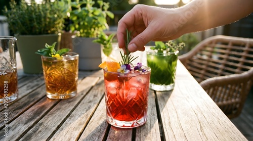 Hand garnishing artisanal summer cocktails at golden hour, illustrating mindful preparation and relaxed outdoor living.