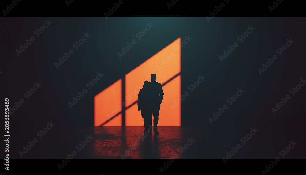 Fototapeta premium Couple stands in silhouette before a glowing orange window frame that casts geometric light patterns across the dark floor of an interior room providing a moody and cinematic atmosphere.