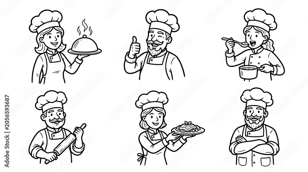 Fototapeta premium Collage of diverse male and female chefs showcasing cooking actions with various kitchen tools and prepared dishes