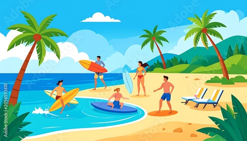 Colorful Surfer Group Relaxing and Preparing Boards on Tropical Sandy Beach