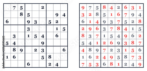 Foto Classic Sudoku puzzle grids with numbers filled in and hints