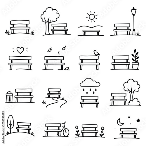 Hand Drawn Park Bench Icon Set. Sketch collection representing tranquil resting spots outdoors. These varied doodles capture peaceful solitude and moments of calm reflection.