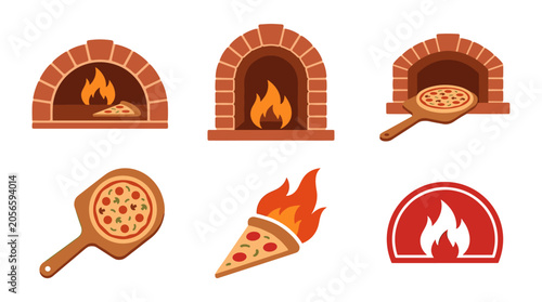Vibrant pizza oven and hot food icons collection perfect for restaurant themes and culinary projects