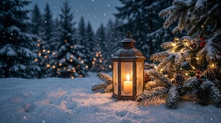 Vintage Christmas Lantern with Glowing Candle on Snowy Ground Beside Pine Trees and Warm Fairy Lights