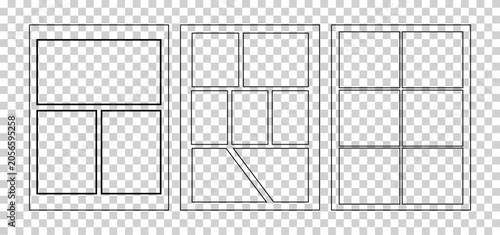 Comic book page layout templates with various panel sizes and shapes.