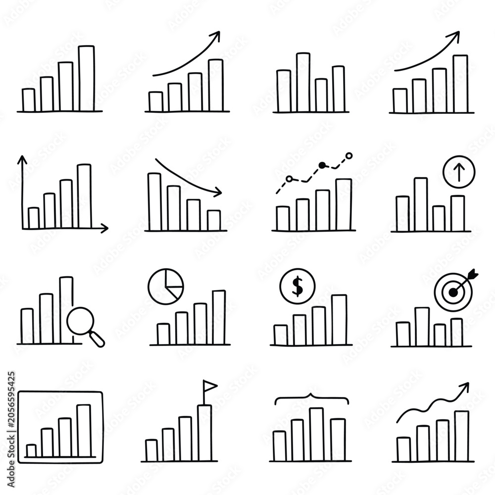Obraz premium Hand Drawn Business Graph Icons. Collection of artistic bar charts depicting financial growth, market trends, and analytical insights. Symbolizes strategic planning and progress towards objectives.