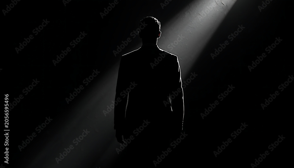 © UD - Businessman stands in a dark room illuminated by a single vertical beam of light that highlights his silhouette against the surrounding shadows while emphasizing his formal attire.