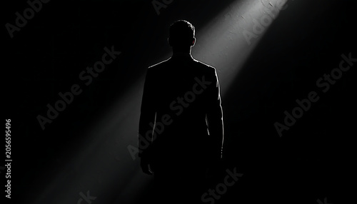 Businessman stands in a dark room illuminated by a single vertical beam of light that highlights his silhouette against the surrounding shadows while emphasizing his formal attire.