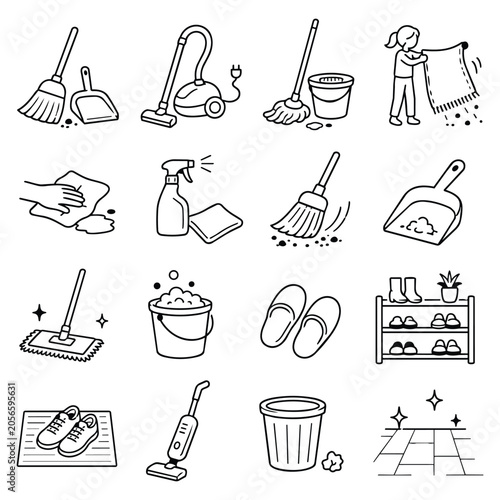 Bilde på lerret Household Chore Tools Line Illustrations